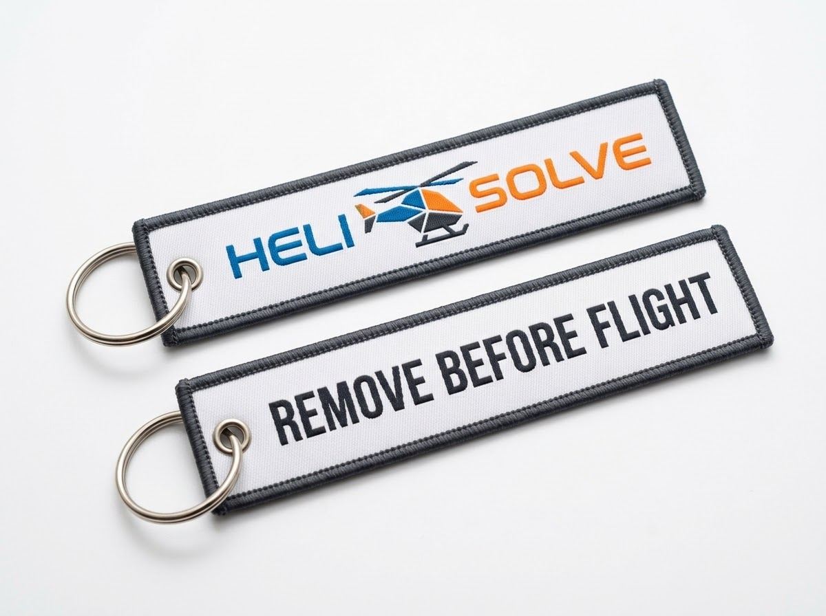 Two woven jet tags on a white background